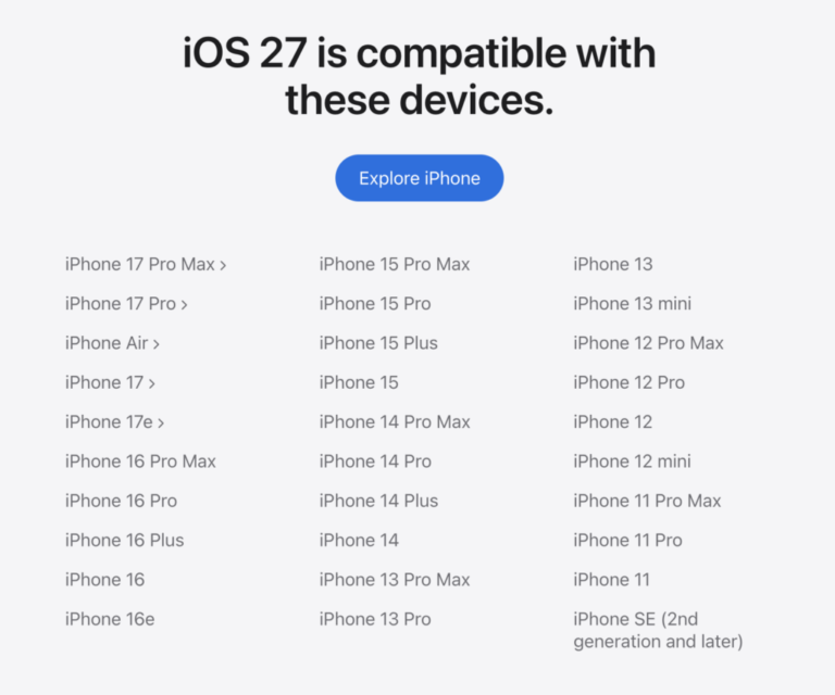 iOS 27 and iPadOS 27 don’t drop support for any iPhones—and just a few iPads